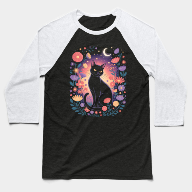 Mystical Black Cat & Moon Floral Baseball T-Shirt by norhando