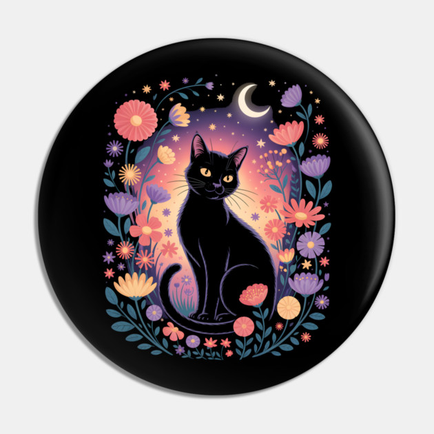 Mystical Black Cat & Moon Floral Pin by norhando