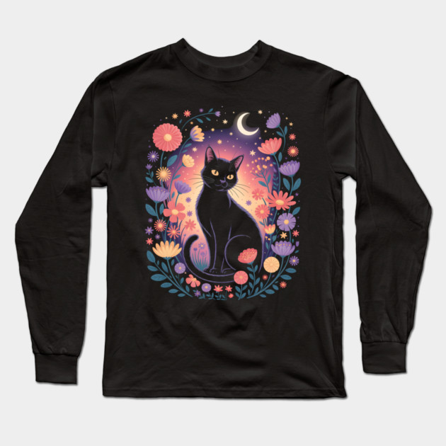 Mystical Black Cat & Moon Floral Long Sleeve T-Shirt by norhando