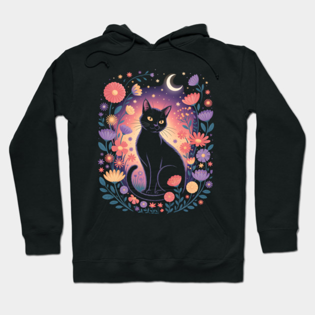 Mystical Black Cat & Moon Floral Hoodie by norhando