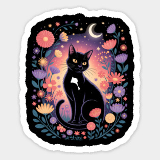 Mystical Black Cat & Moon Floral Sticker