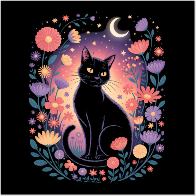 Mystical Black Cat & Moon Floral Wall Art by norhando