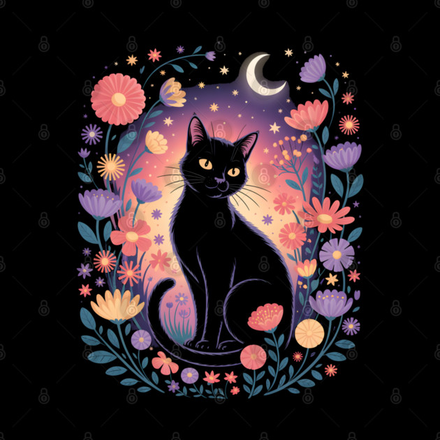 Mystical Black Cat & Moon Floral by norhando