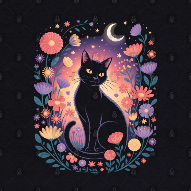 Mystical Black Cat & Moon Floral by norhando