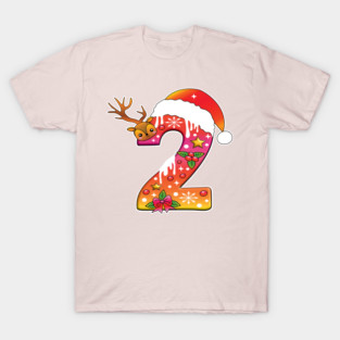 Cute Cartoon Christmas Number 2 Font with Reindeer, Santa Hat, and Festive Decorations T-Shirt