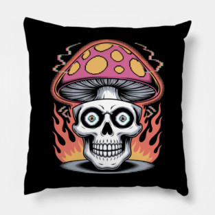 Shroom Skull – Trippy Pixelated Mushroom Flame Skull Pillow