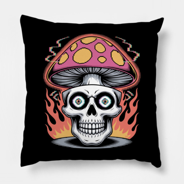 Shroom Skull – Trippy Pixelated Mushroom Flame Skull Pillow by Cosmo Gazoo