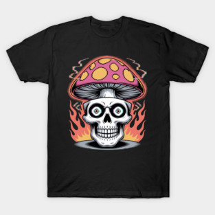 Shroom Skull – Trippy Pixelated Mushroom Flame Skull T-Shirt