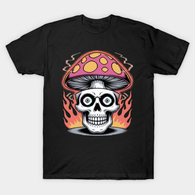 Shroom Skull – Trippy Pixelated Mushroom Flame Skull T-Shirt by Cosmo Gazoo