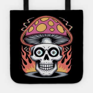Shroom Skull – Trippy Pixelated Mushroom Flame Skull Tote