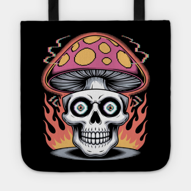Shroom Skull – Trippy Pixelated Mushroom Flame Skull Tote by Cosmo Gazoo