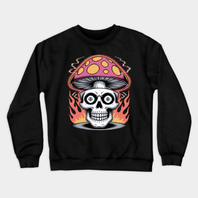 Shroom Skull – Trippy Pixelated Mushroom Flame Skull Crewneck Sweatshirt by Cosmo Gazoo