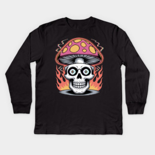 Shroom Skull – Trippy Pixelated Mushroom Flame Skull Kids Long Sleeve T-Shirt
