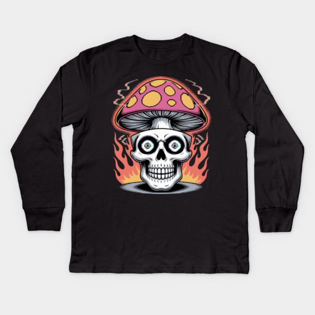 Shroom Skull – Trippy Pixelated Mushroom Flame Skull Kids Long Sleeve T-Shirt by Cosmo Gazoo