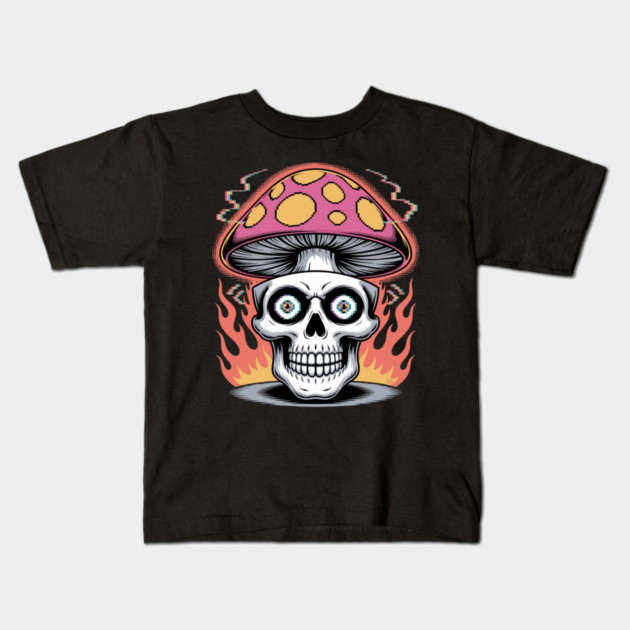 Shroom Skull – Trippy Pixelated Mushroom Flame Skull Kids T-Shirt by Cosmo Gazoo