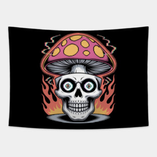 Shroom Skull – Trippy Pixelated Mushroom Flame Skull Tapestry