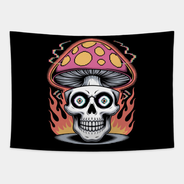 Shroom Skull – Trippy Pixelated Mushroom Flame Skull Tapestry by Cosmo Gazoo