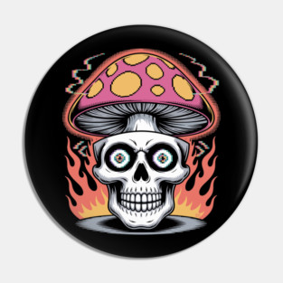 Shroom Skull – Trippy Pixelated Mushroom Flame Skull Pin