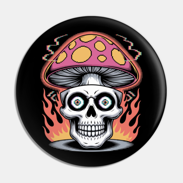 Shroom Skull – Trippy Pixelated Mushroom Flame Skull Pin by Cosmo Gazoo