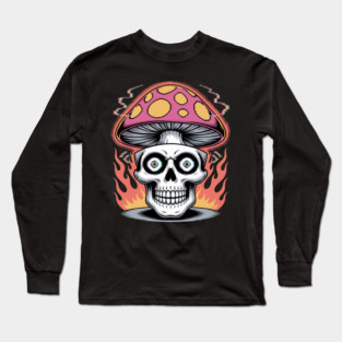 Shroom Skull – Trippy Pixelated Mushroom Flame Skull Long Sleeve T-Shirt