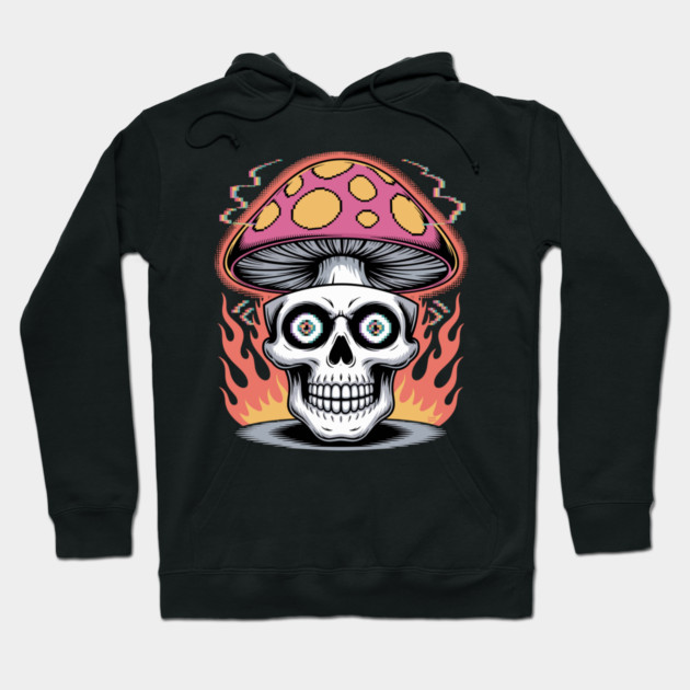 Shroom Skull – Trippy Pixelated Mushroom Flame Skull Hoodie by Cosmo Gazoo