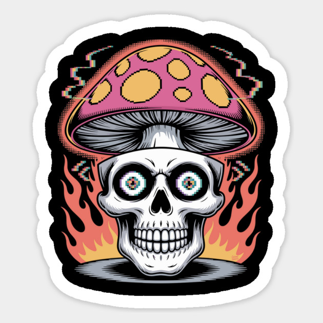 Shroom Skull – Trippy Pixelated Mushroom Flame Skull Sticker by Cosmo Gazoo