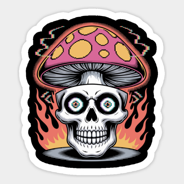 Shroom Skull – Trippy Pixelated Mushroom Flame Skull Magnet by Cosmo Gazoo
