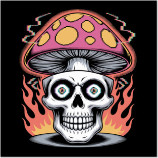 Shroom Skull – Trippy Pixelated Mushroom Flame Skull Posters and Art