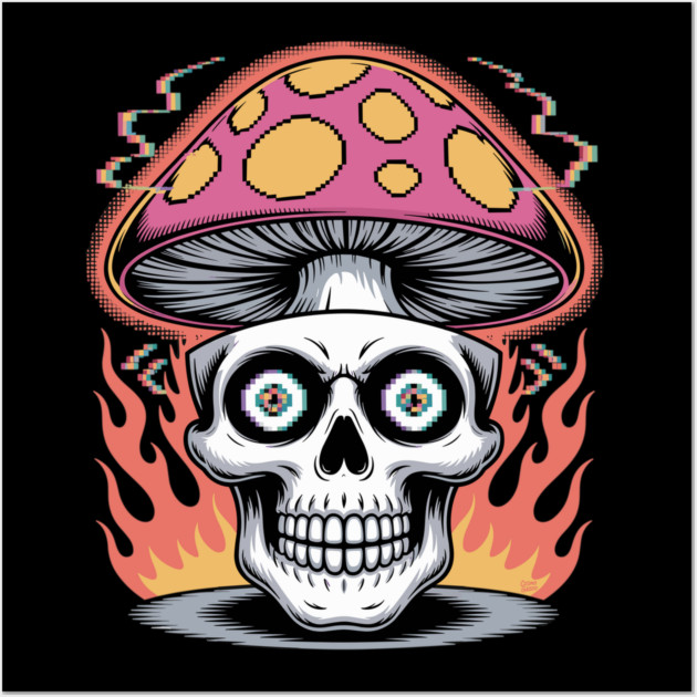 Shroom Skull – Trippy Pixelated Mushroom Flame Skull Wall Art by Cosmo Gazoo