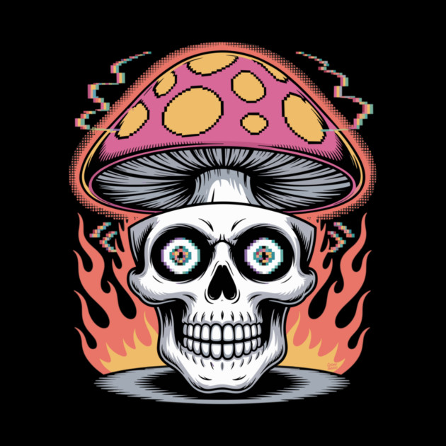 Shroom Skull – Trippy Pixelated Mushroom Flame Skull by Cosmo Gazoo