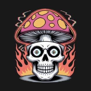 Shroom Skull – Trippy Pixelated Mushroom Flame Skull T-Shirt