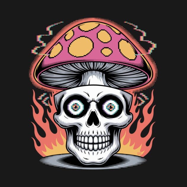 Shroom Skull – Trippy Pixelated Mushroom Flame Skull by Cosmo Gazoo