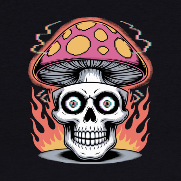 Shroom Skull – Trippy Pixelated Mushroom Flame Skull by Cosmo Gazoo