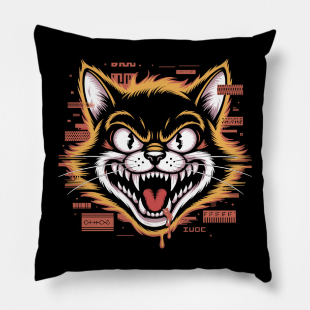 Glitchcore Cat Attack – Cyberpunk Psyop Kitty Pillow by Cosmo Gazoo