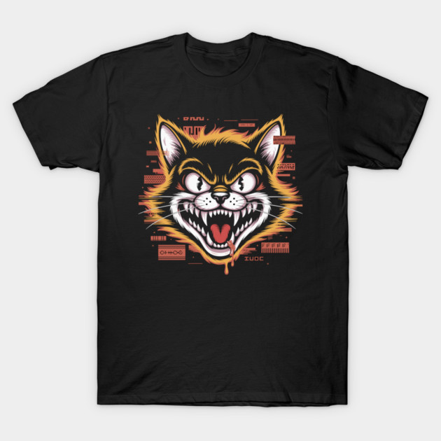 Glitchcore Cat Attack – Cyberpunk Psyop Kitty T-Shirt by Cosmo Gazoo
