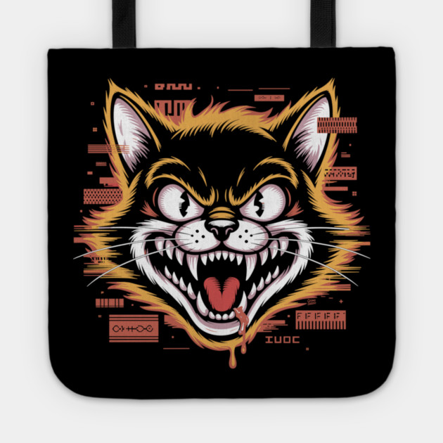 Glitchcore Cat Attack – Cyberpunk Psyop Kitty Tote by Cosmo Gazoo