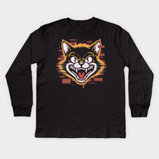 Glitchcore Cat Attack – Cyberpunk Psyop Kitty Kids Long Sleeve T-Shirt