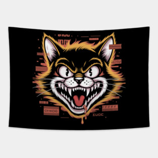 Glitchcore Cat Attack – Cyberpunk Psyop Kitty Tapestry