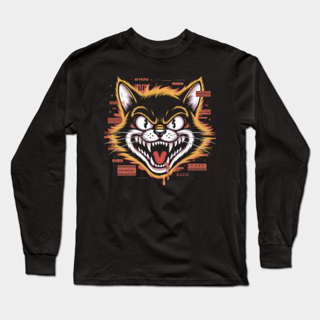 Glitchcore Cat Attack – Cyberpunk Psyop Kitty Long Sleeve T-Shirt by Cosmo Gazoo