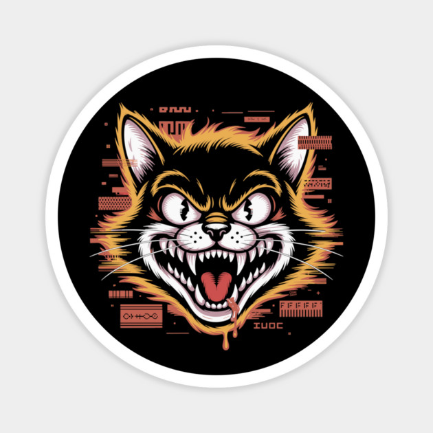 Glitchcore Cat Attack – Cyberpunk Psyop Kitty Magnet by Cosmo Gazoo