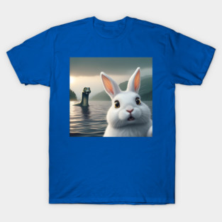 Surprised Rabbit Selfie with Loch Ness Monster Nessie funny T-Shirt