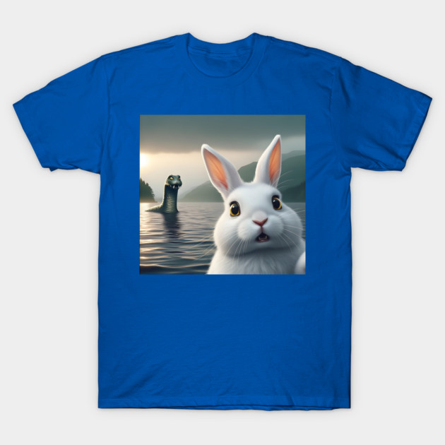 Surprised Rabbit Selfie with Loch Ness Monster Nessie funny T-Shirt by Luxinda