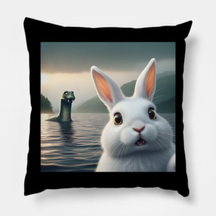 Surprised Rabbit Selfie with Loch Ness Monster Nessie funny Pillow