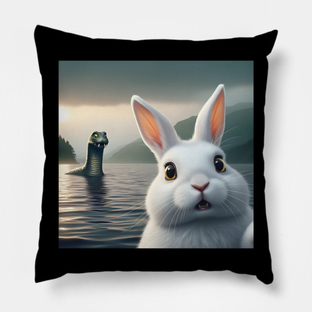 Surprised Rabbit Selfie with Loch Ness Monster Nessie funny Pillow by Luxinda