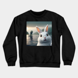 Surprised Rabbit Selfie with Loch Ness Monster Nessie funny Crewneck Sweatshirt