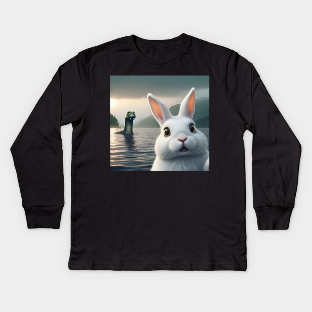 Surprised Rabbit Selfie with Loch Ness Monster Nessie funny Kids Long Sleeve T-Shirt by Luxinda