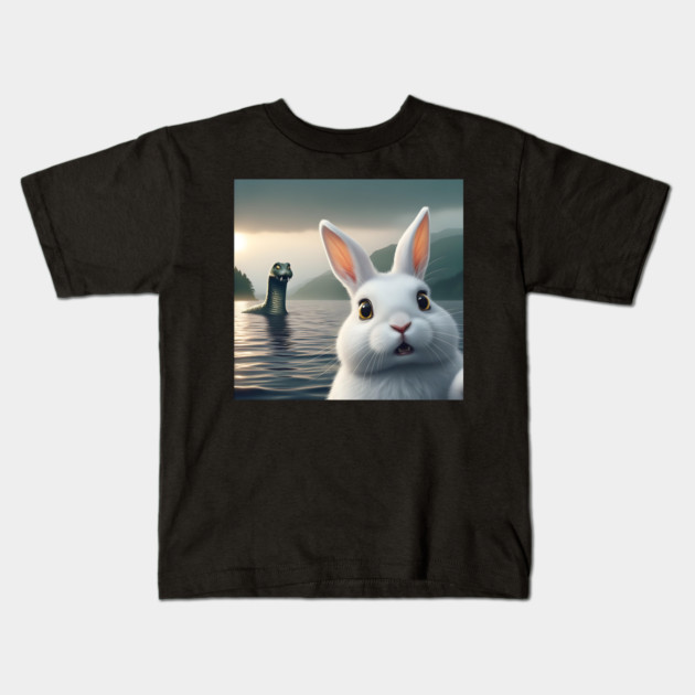 Surprised Rabbit Selfie with Loch Ness Monster Nessie funny Kids T-Shirt by Luxinda