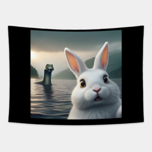 Surprised Rabbit Selfie with Loch Ness Monster Nessie funny Tapestry