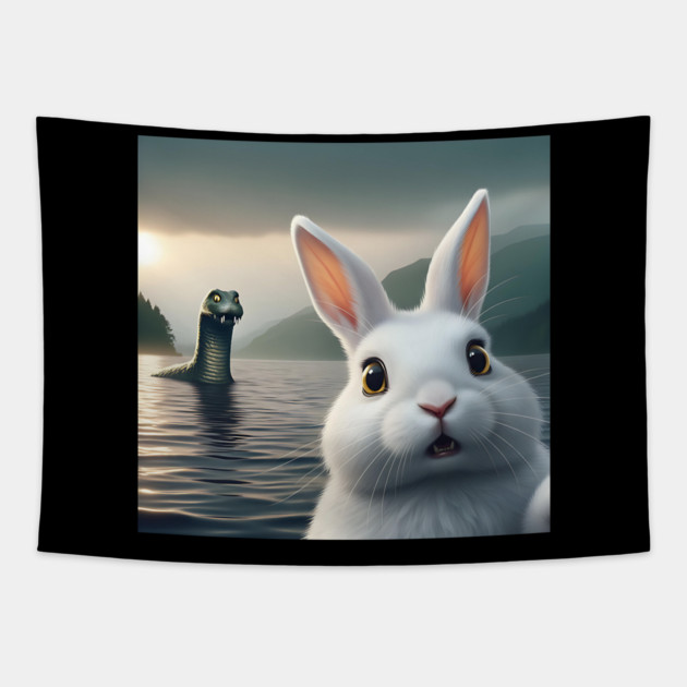Surprised Rabbit Selfie with Loch Ness Monster Nessie funny Tapestry by Luxinda