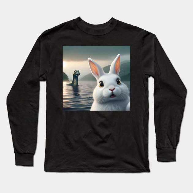 Surprised Rabbit Selfie with Loch Ness Monster Nessie funny Long Sleeve T-Shirt by Luxinda